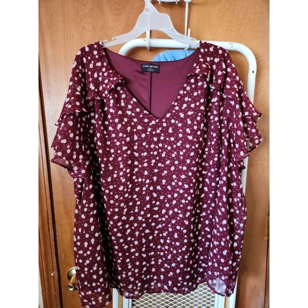 Lane Bryant Burgundy Polka Dot V-Neck Flutter Sleeve Blouse - Size 22